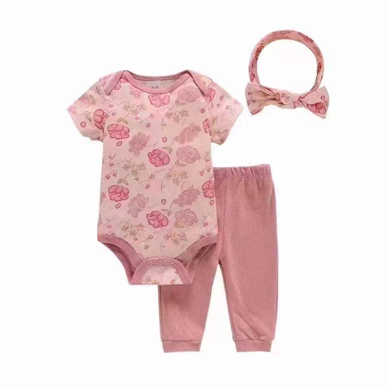 Floral Short-sleeved Bodysuit Three-piece Set