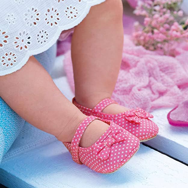 Pink Sterntaler ballerina baby shoes with polkadot print
