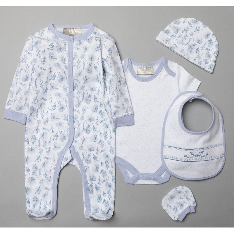 Blue Floral Baby Girls 5 Piece Sleepsuit set